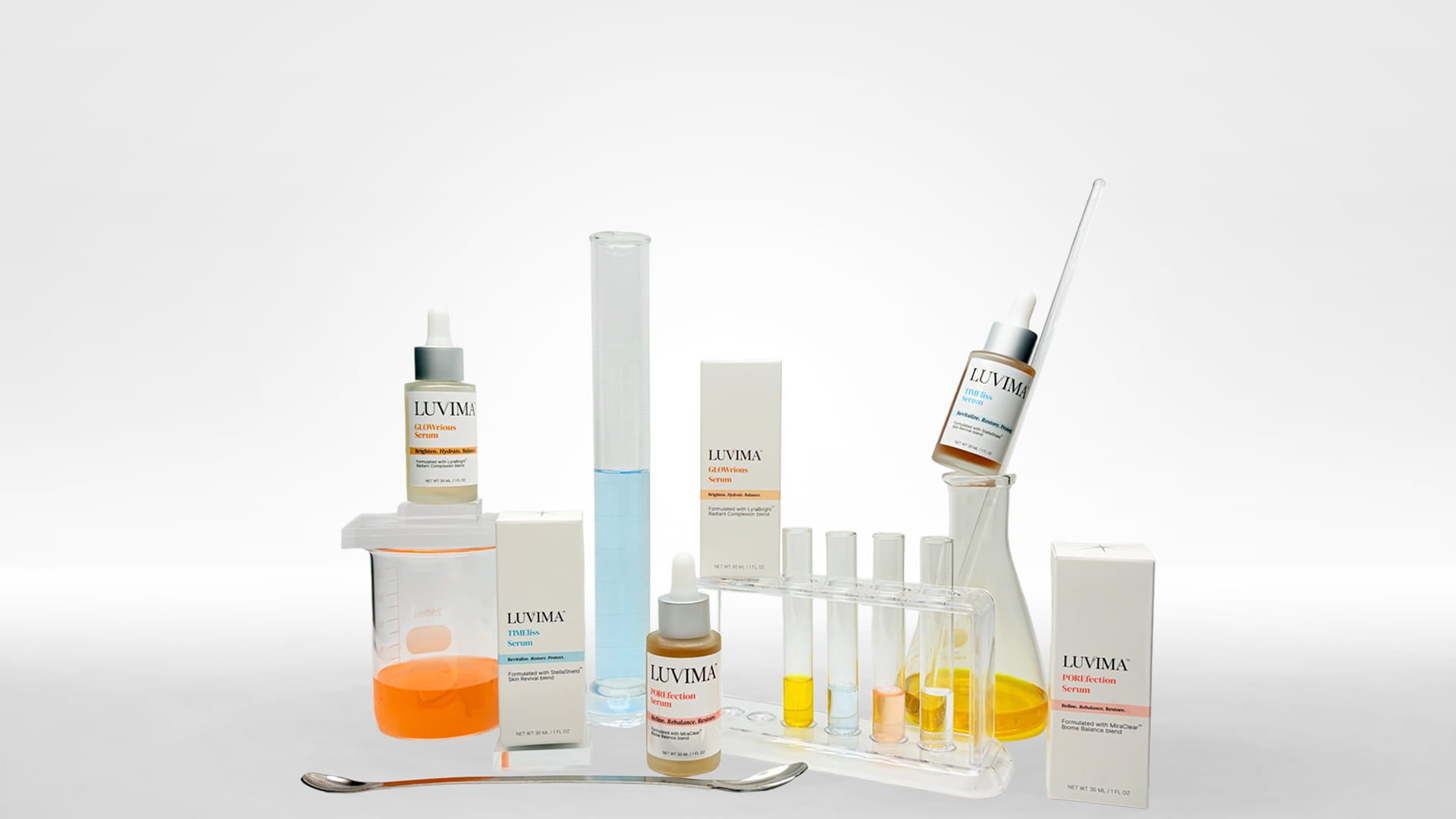 Collection of LUVIMA skincare products on a white background