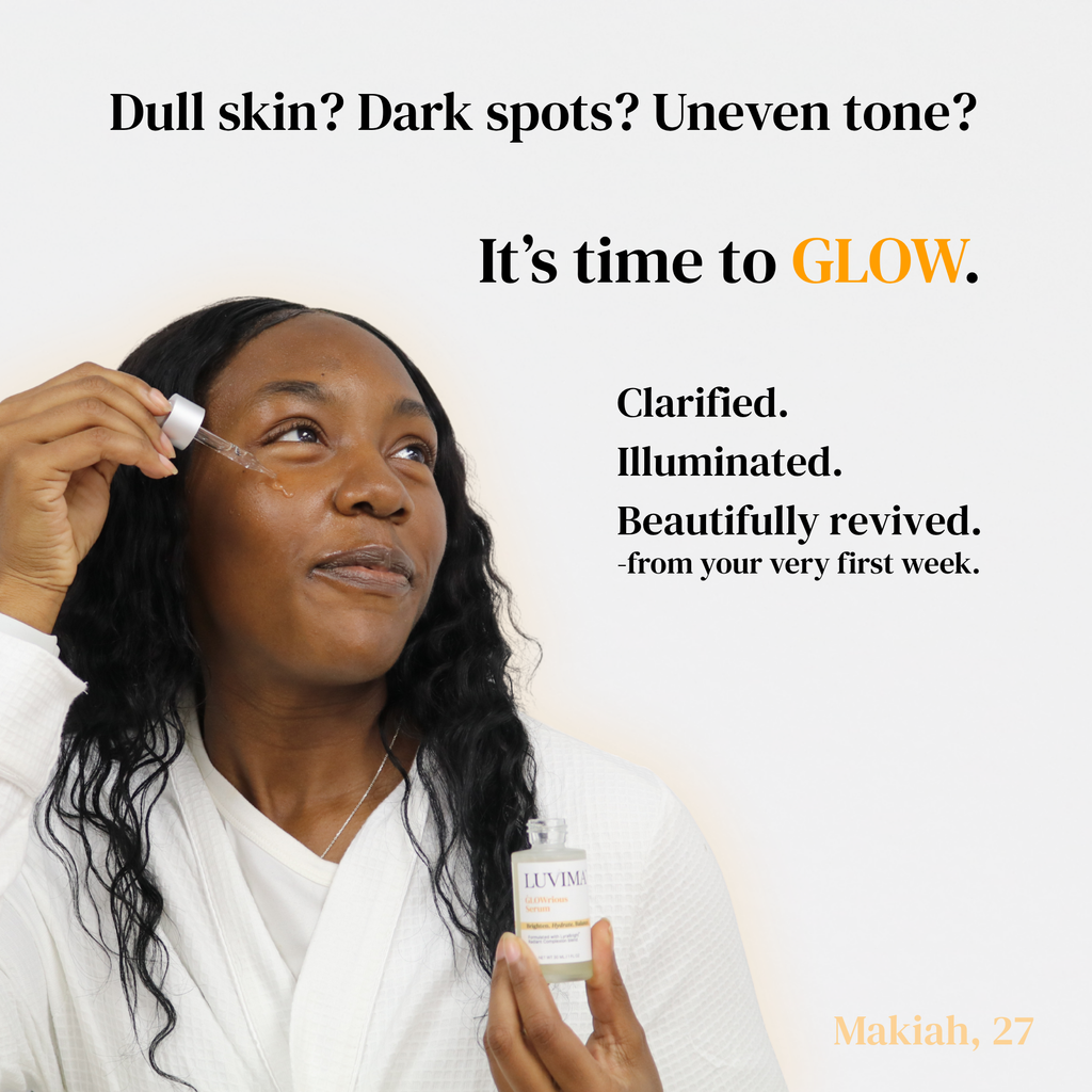Woman applying GLOWrious Serum to her cheek while holding the LUVIMA serum bottle, with text addressing dull skin, dark spots, and uneven tone.