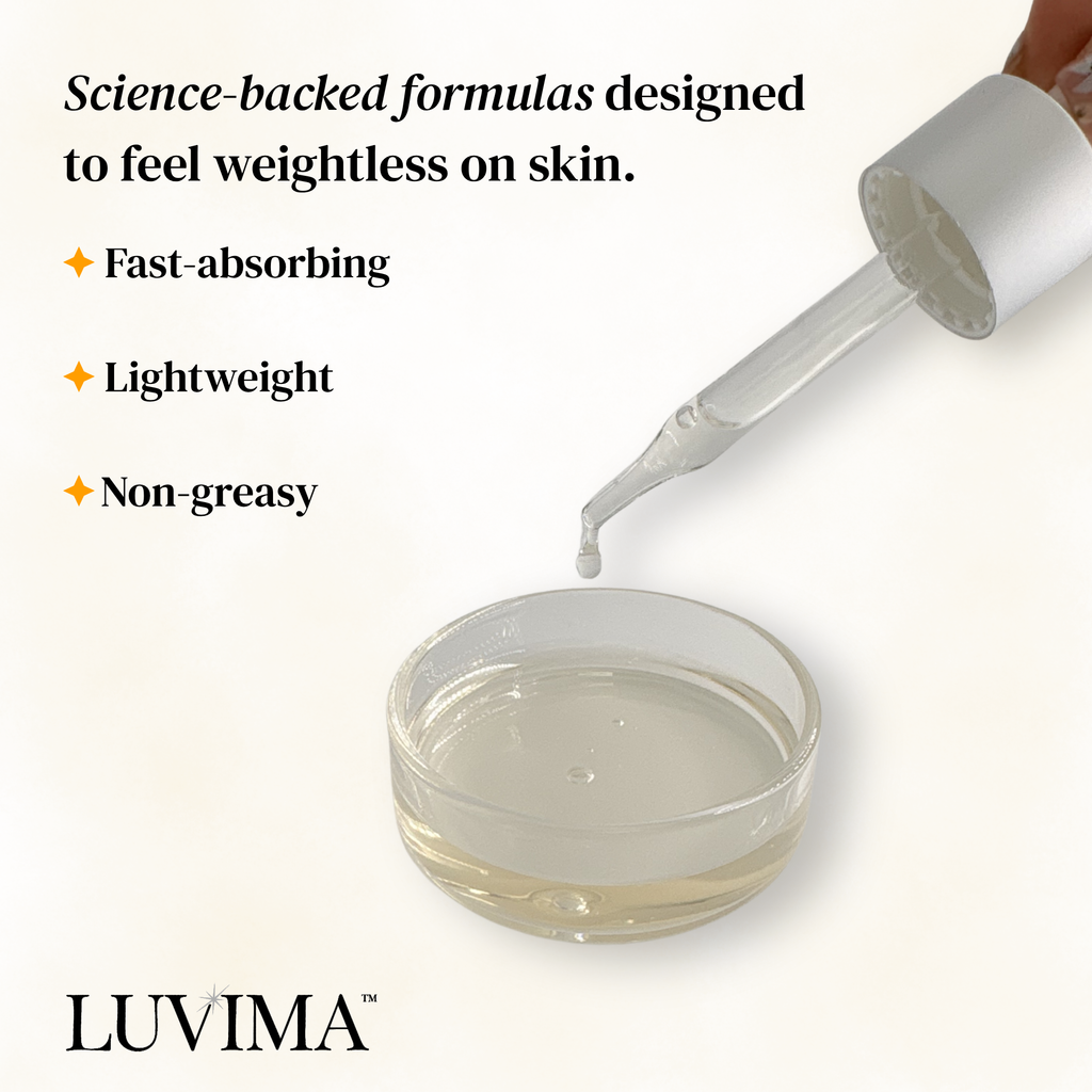 Glass dropper dispensing GLOWrious Serum into a dish, with LUVIMA branding and text highlighting the formula’s lightweight, fast-absorbing, non-greasy feel
