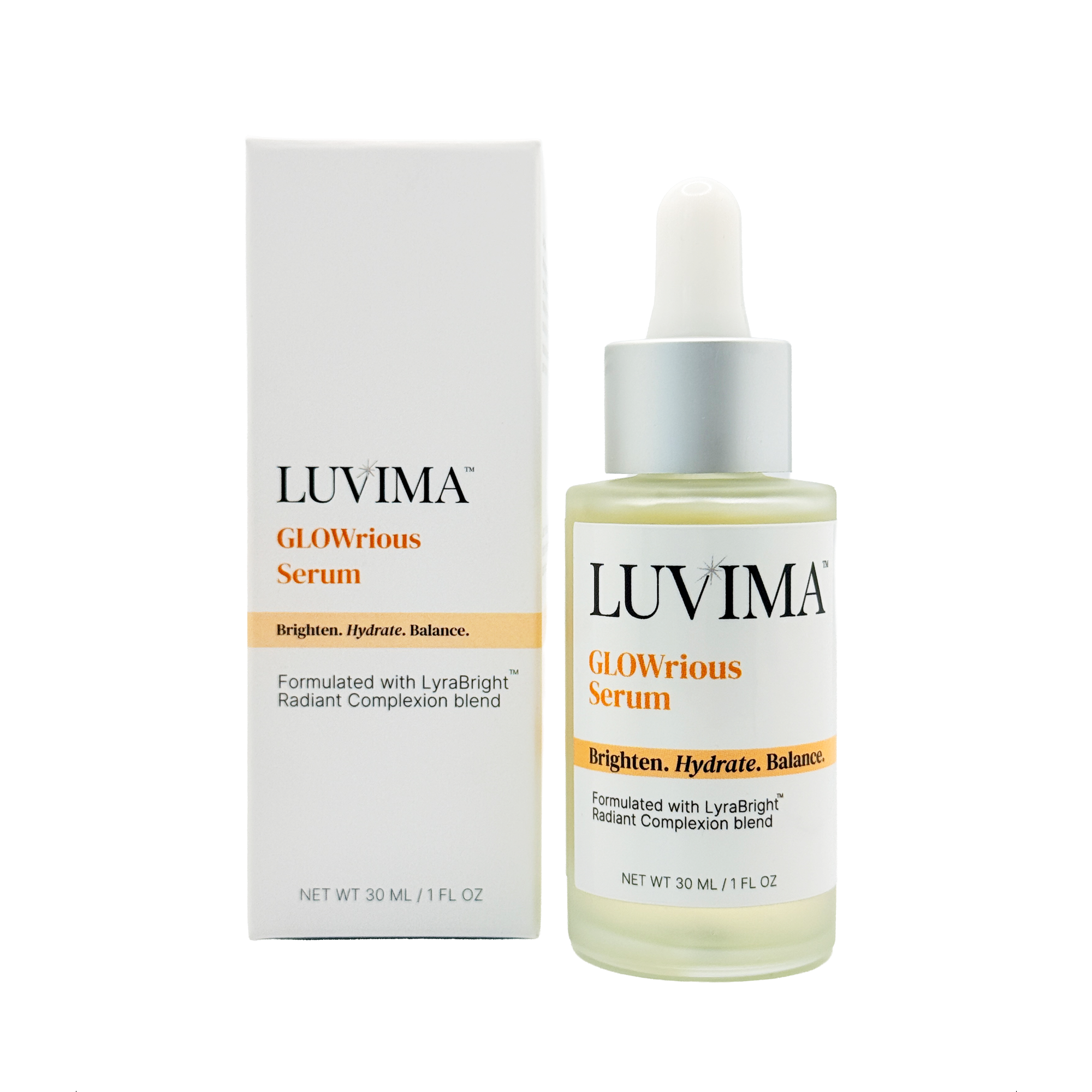 LUVIMA GLOWrious Serum bottle and packaging on a white background