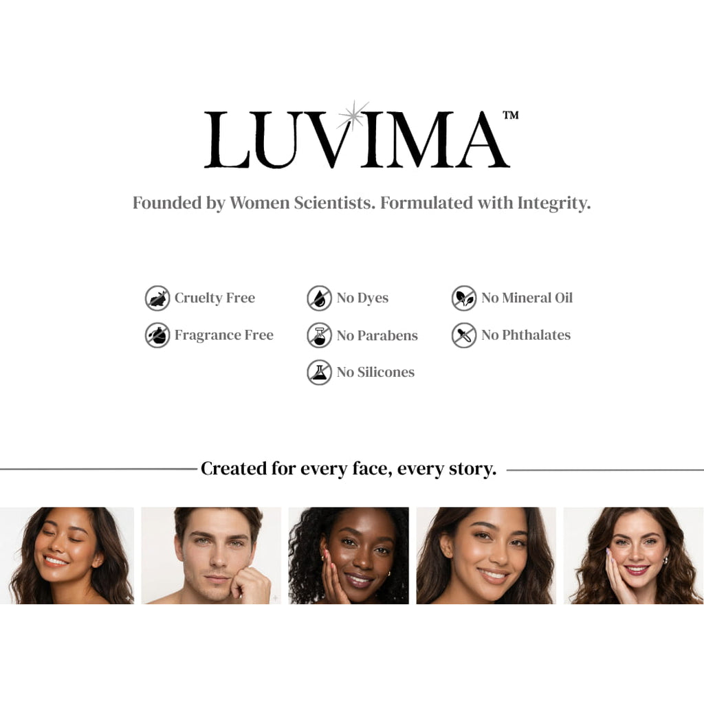 LUVIMA brand graphic highlighting women scientist-founded skincare, clean formula standards, and skincare created for every face.