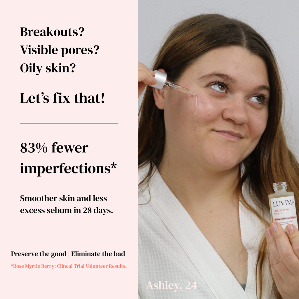 Woman applying LUVIMA POREfection Serum to her cheek with a glass dropper while holding the serum bottle.