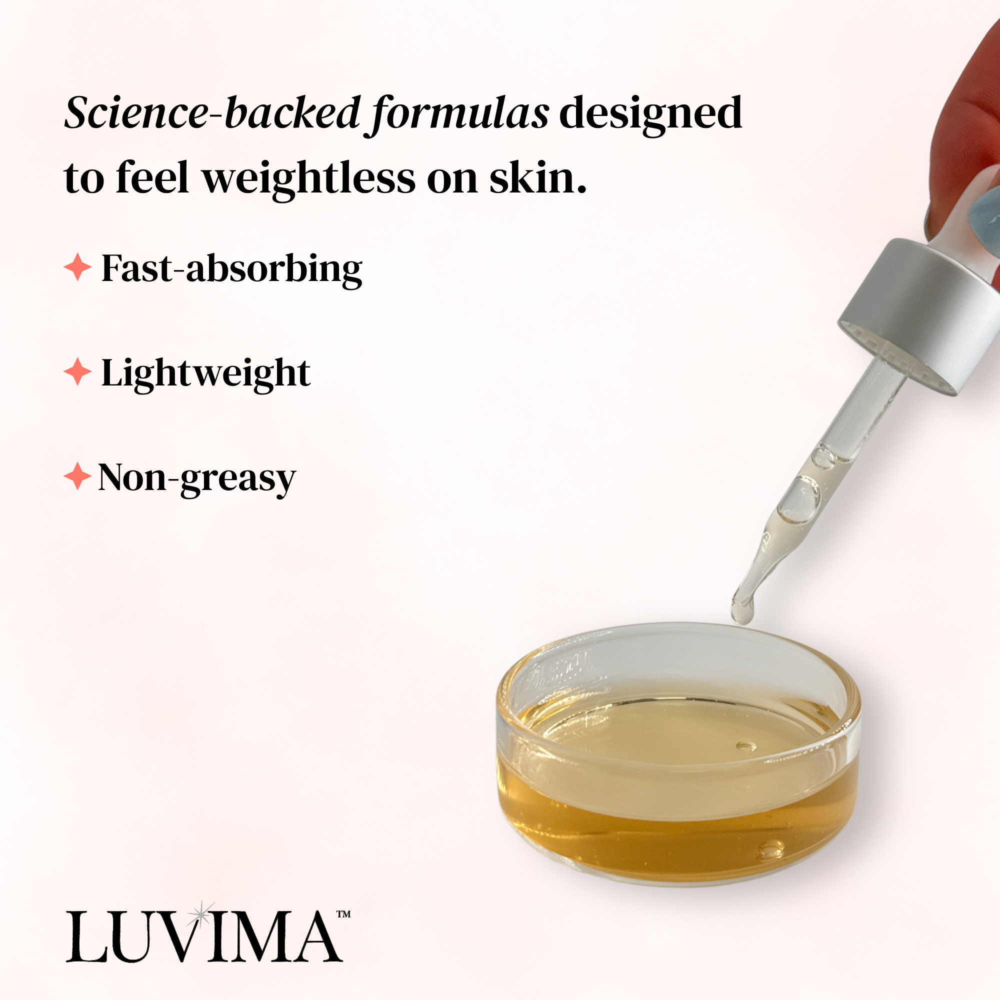 Glass dropper dispensing POREfection Serum into a clear dish, with LUVIMA branding and text highlighting the formula’s lightweight, fast-absorbing, non-greasy feel.