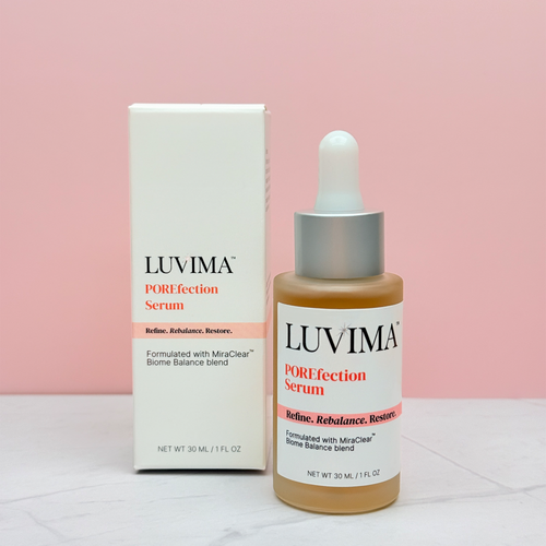 LUVIMA POREfection Serum bottle and packaging on a pink background
