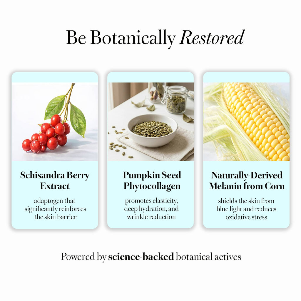 Botanical ingredient graphic for TIMEliss Serum featuring schisandra berry extract, pumpkin seed phytocollagen, and naturally derived melanin from corn.