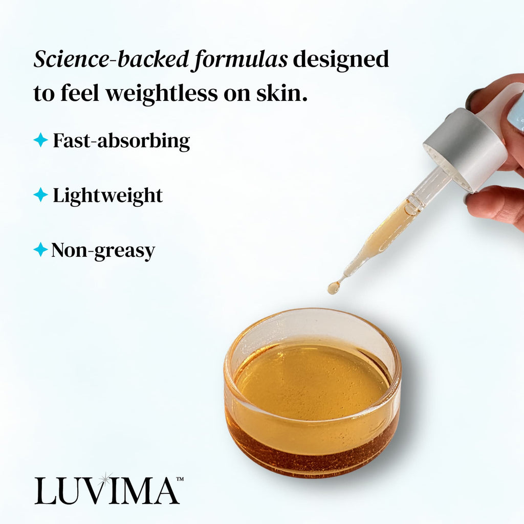 Glass dropper dispensing TIMEliss Serum into a clear dish, with LUVIMA branding and text highlighting the formula’s lightweight, fast-absorbing, non-greasy feel.